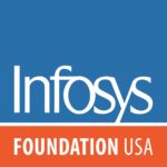On a blue square is the text Infosys with a white underline followed by the text Foundation USA on a red background.